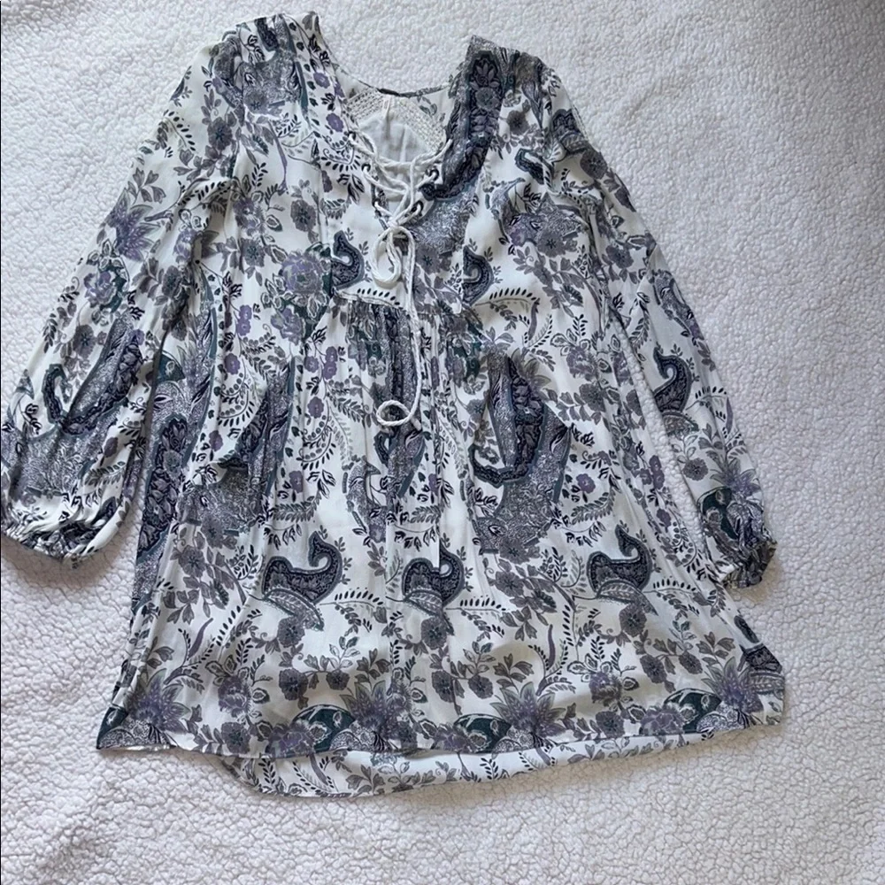 Free People White Graphic Tie Front Blouse
